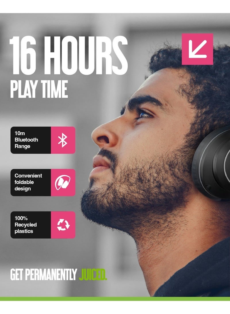 جوس سماعات رأس لاسلكية Juice Cans Go - سماعات رأس بلوتوث فوق الأذن مع وقت تشغيل يصل إلى 16 ساعة، تصميم قابل للطي، أدوات تحكم على الأذن، كابل AUX للاستخدام السلكي - أسود - Image 3